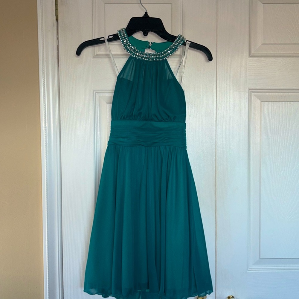 Turquoise girls high neck chiffon dress